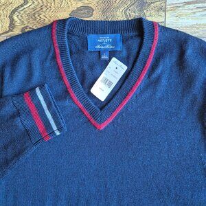 NWT Brooks Brothers Netjets Merino Wool Blend Preppy Stripe-Collar Sweater Blue